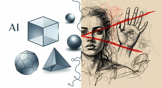 Conceptual image illustrating the contrast between artificial intelligence, geometric precision, and human creativity, art, and emotion, with a symbolic rejection of human touch.
