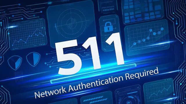 Blue futuristic interface panel presenting 511 Network Authentication Required HTTP status code for secured gateway login requirement