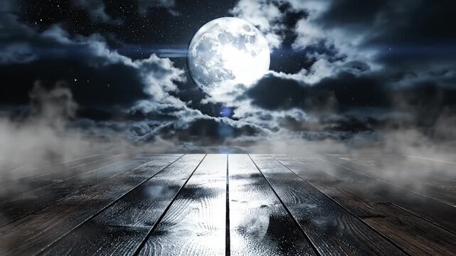 Full moon over misty wooden floor at night