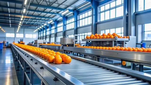 Fresh oranges rolling across stainless conveyor system in bright industrial fruit processing factory during grading