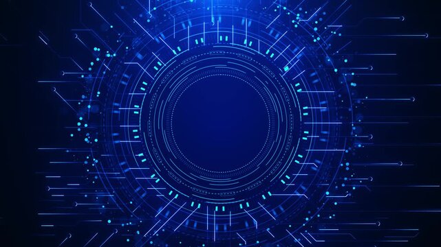 Circular HUD interface background glowing rings, circuit lines, dotted particles, tech space. AI videos, cyber security intros, data dashboards, futuristic screens, software promos, digital overlays.