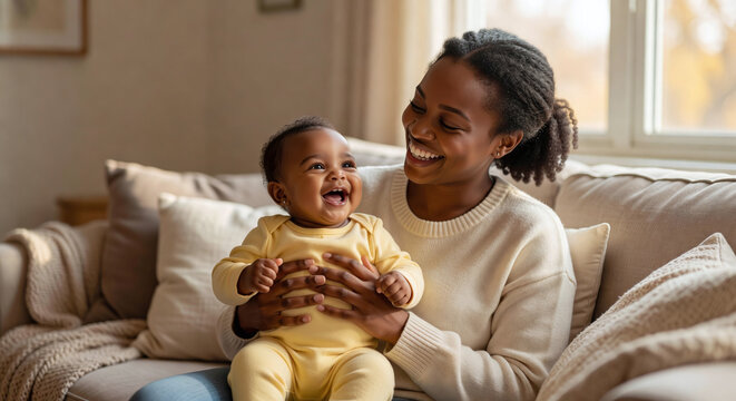 Joyful Black Mother and Daughter Relaxing on Sofa