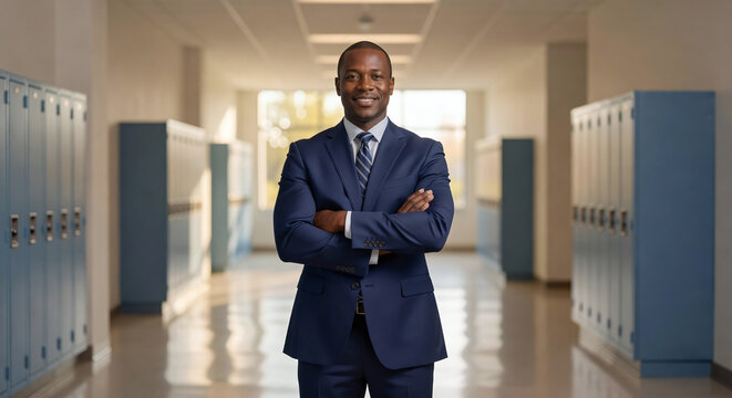 Black Male Principal Posing in School Hallway