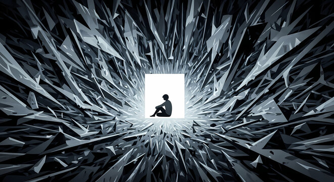 A lone silhouette sits in a bright doorway, surrounded by a dark, fragmented, and chaotic tunnel, symbolizing isolation and the search for light.