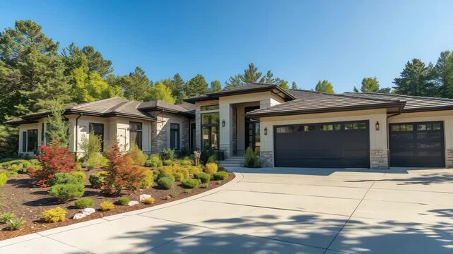 Modern single story house with landscaped garden driveway and three car garage under clear sky