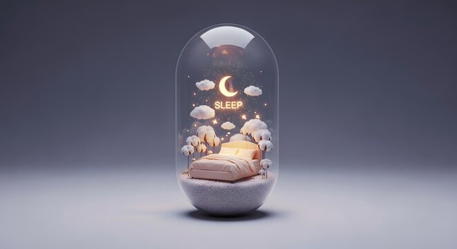 Sleep concept with miniature bed under glass dome at night