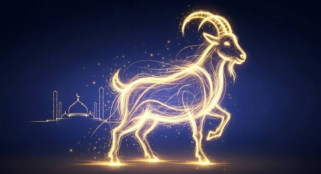 Mystical Eid al-Adha illustration featuring a goat silhouette made of glowing golden smoke and light trails against a dark night sky with a mosque, symbolizing spiritual sacrifice and faith
