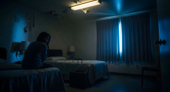 A lonely woman sits on a bed in a dark room with a suitcase, symbolizing the isolation of human trafficking victims, refugee struggles, and the longing for safety and freedom in a new world