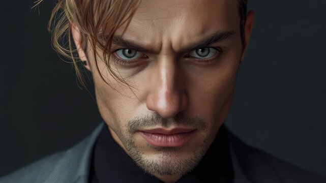 Intense man portrait with piercing eye dramatic lighting brooding tension and serious expression
