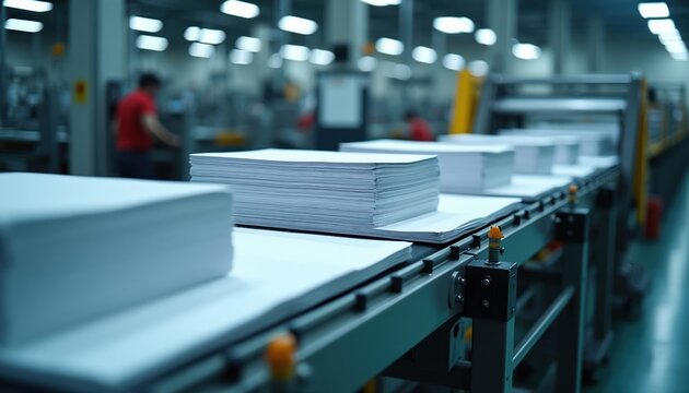 Stacks of white paper move on an automated conveyor belt in a large printing factory. Workers in red shirts operate machinery in background. Clean industrial facility.