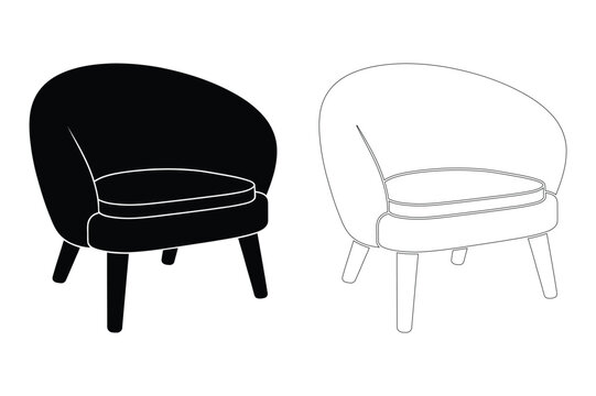 Black silhouette and outline vector icons of a modern curved armless accent