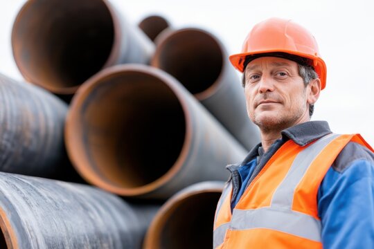 Engineer in orange hard hat and reflective vest stands in front of large steel drainage pipes at a construction site, inspecting materials for quality and safety compliance