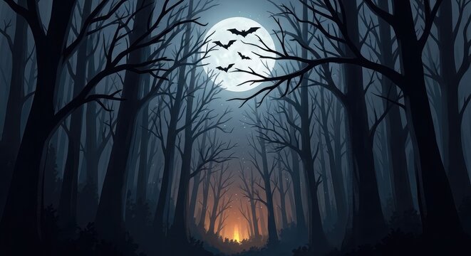 Eerie forest at night with glowing lantern and silhouetted birds