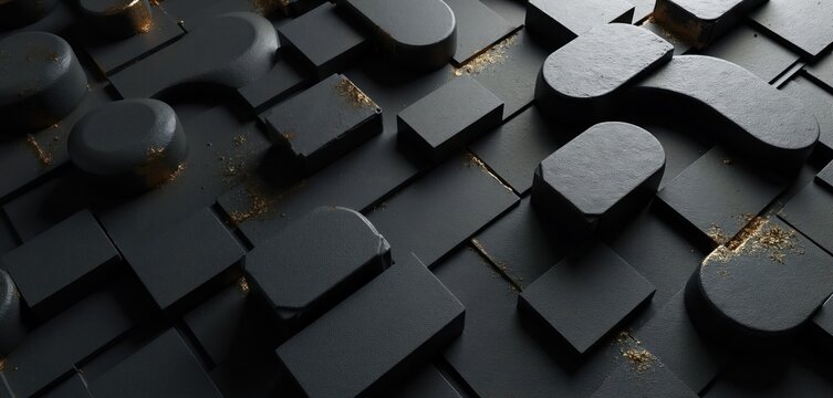 Abstract dark grey blocks with gold dust scattered on surface. Geometric shapes arranged in structured pattern. Modern 3D background graphic for web or print design.