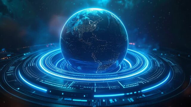 Futuristic earth globe hologram with digital network rings representing global technology communication system