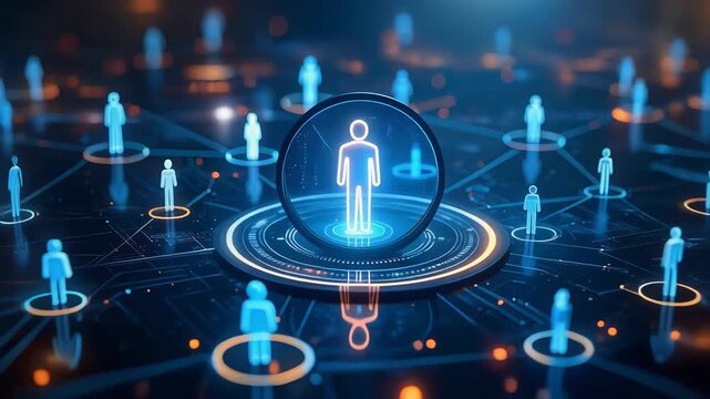 Futuristic social network platform with illuminated human symbol nodes connected across dark technology grid