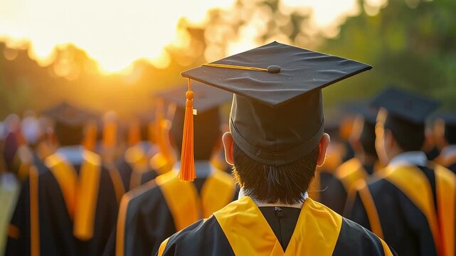 University students wearing graduation caps celebrating success at outdoor academic ceremony