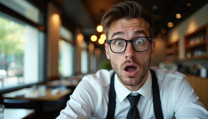 Fototapeta premium Man in restaurant with shocked expression wears glasses white shirt suspenders. He looks surprised at something off camera. Blurred background with tables and lights.