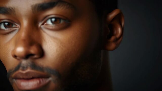 Close up portrait of thoughtful man with closed eyes brown eyed textured skin contemplative subtle