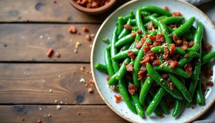 Naklejka premium Fresh green beans with bacon bits served on plate. Close up of cooked vegetable dish with savory topping and scattered crumbs. Delicious side for any meal.