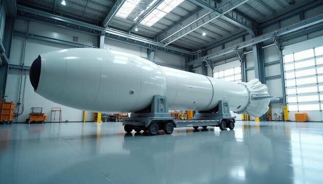 Large rocket rests on trailer inside industrial aerospace hangar. Spacecraft on assembly in clean modern facility. Future space exploration and launch vehicle.