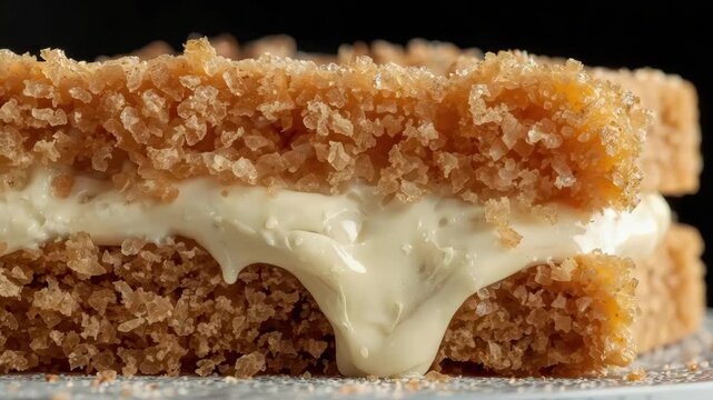 Moist crumb cake slice with creamy vanilla filling and crunchy breadcrumb coated dessert slice