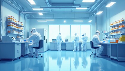 Fototapeta premium Workers in sterile suits operate equipment in a cleanroom laboratory. Scientists conduct medical research, processing drug products. Pharmaceutical manufacturing ensures quality safety and compliance.