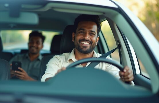 Smiling man drives car with passenger in back. Driver looks happy, passenger holds phone. People travel by auto on country road. Joyful trip.