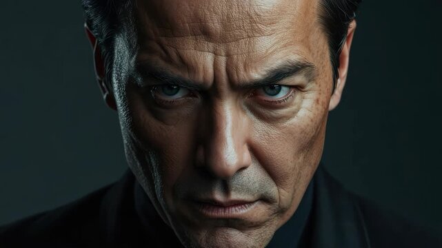 Intense mature man portrait with dramatic lighting, textured skin, moody intense expression