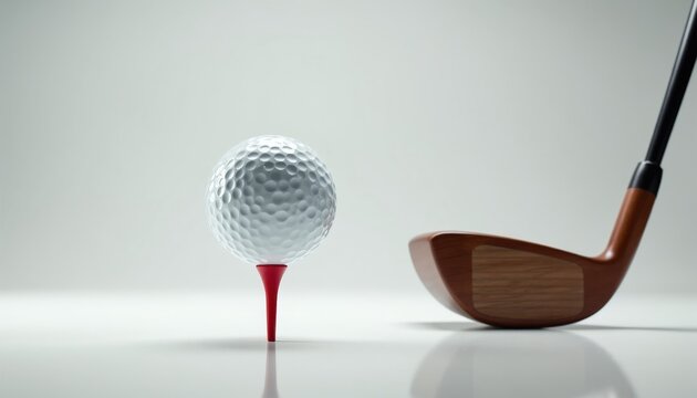 Golf club prepares to hit white ball on red tee. Clean studio shot, minimalist background, focus on sport equipment, precision swing, and pure impact. Perfect for ads.