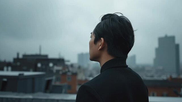 Young man rooftop profile wind blown hair overlooking foggy city skyline contemplative mood