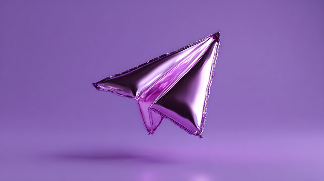 Abstract purple shiny paper plane balloon float with soft shadows, a creative symbol for communication, travel, and digital connection on a modern solid background