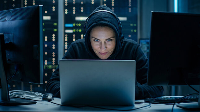 Confident female hacker working on laptop in datacenter