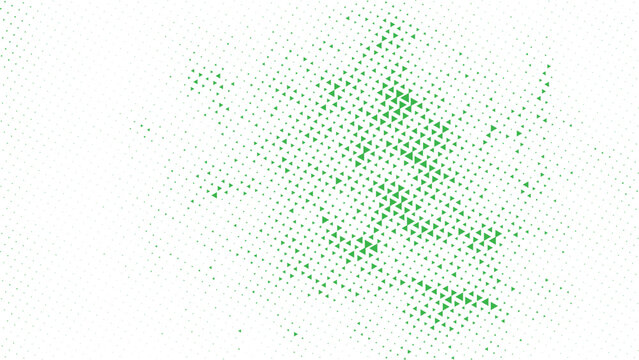 Minimal green triangular pixel pattern with scattered micro shapes forming soft gradient density on white background abstract geometric design