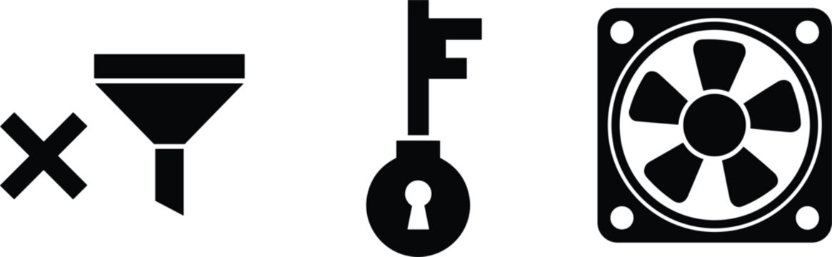 Minimal Black and White Technology Icon Set with Filter, Key, Lock, Fan Symbols, Security, System, and UI Vector Illustrations for Digital Design