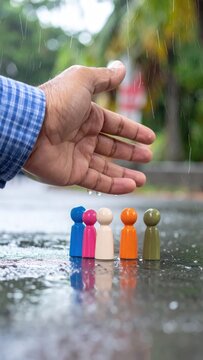 A hand reaches toward colorful wooden figures in the rain, reflecting on a wet surface