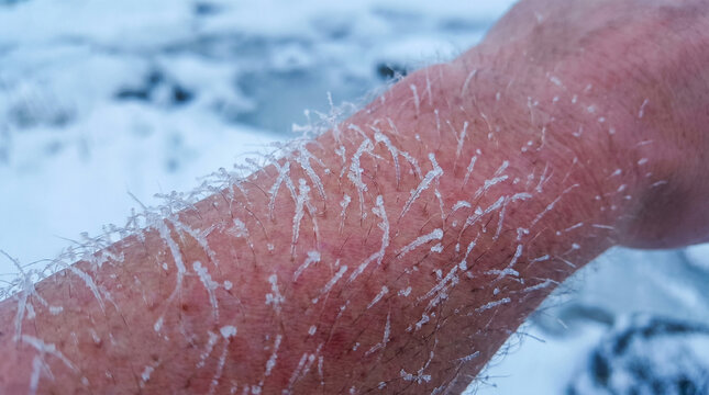 Macro view of thick frost crystals on arm hair