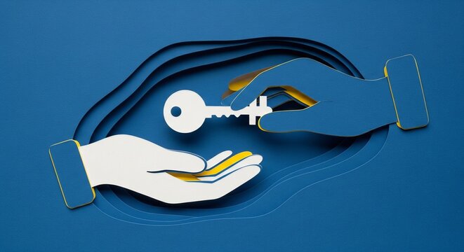 A creative paper-cut illustration showing one hand passing a white key to another hand within a layered blue frame