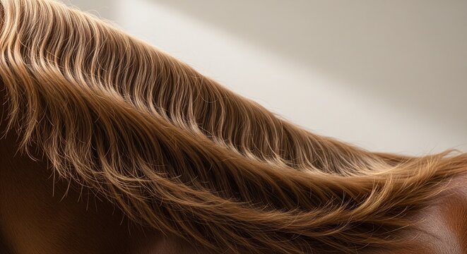 Detailed view of a light brown or sorrel horse's mane. The hair is thick and styled in perfect, soft waves, reflecting the light with a healthy sheen