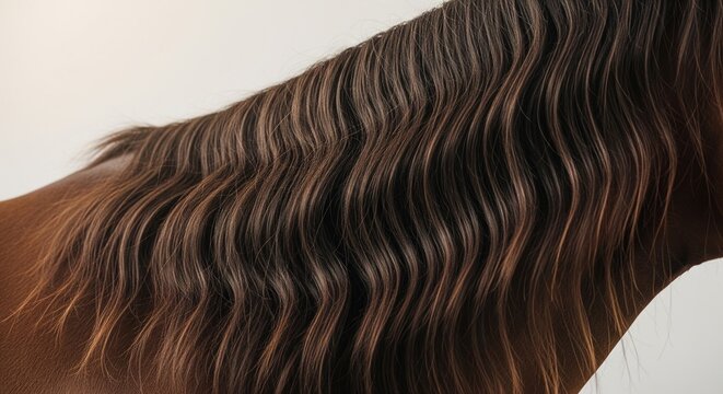 A macro texture shot of a horse's mane, showing deep brown, wavy hair with golden highlights. The waves are uniform and create a rhythmic, flowing pattern