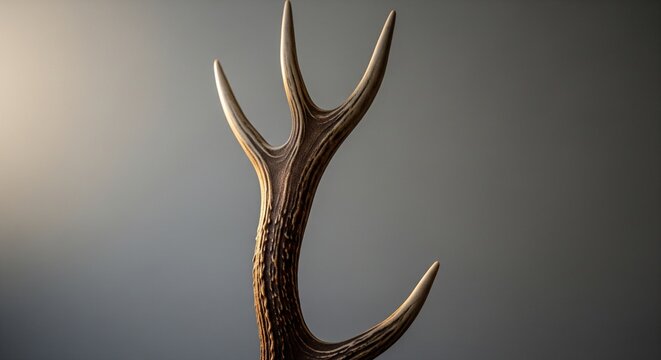 A close-up view of a single deer antler point showing organic texture against a soft grey background