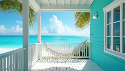Obraz premium Turquoise beach house porch with white railing and hammock. Ocean view with palm trees and bright blue sky. Sunny day perfect for tropical vacation relaxation.