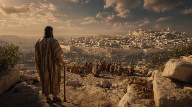 King Solomon standing fully visible on Mount Moriah overlooking Jerusalem, with architects and builders around foundation stones, measuring ropes and tools, sunrise over city panorama.
