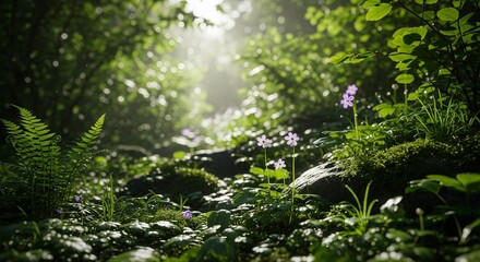 Fototapeta premium An enchanting view of a dense forest floor covered in greenery and small purple flowers. Bright sun rays break through the canopy, creating a magical atmosphere