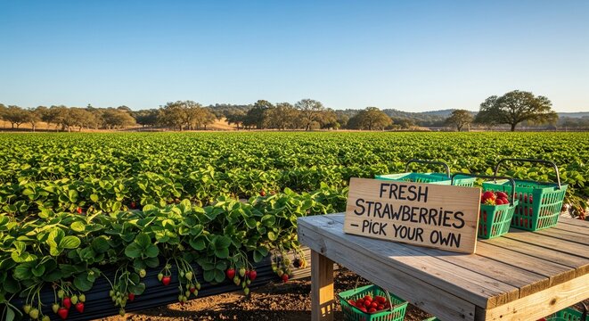 A large green strawberry field under a blue sky features a "Pick Your Own" sign and green baskets ready for customers