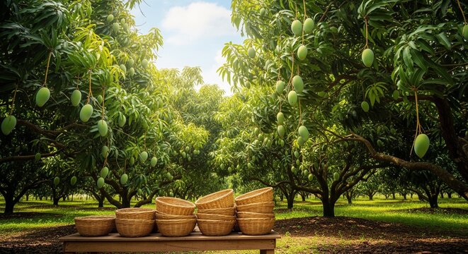 A stack of empty wooden baskets sits on a table in the foreground of a sunlit mango grove with green fruit hanging from trees