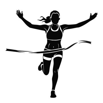 Female runner crossing finish line with arms raised and a celebratory gesture. This athlete is sprinting past the finish line with determination and excitement.