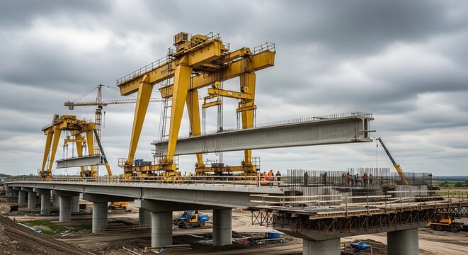 Industrial gantry cranes lifting bridge segments at construction site.
