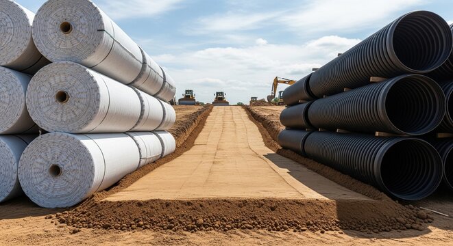 Large plastic pipes and geotextile rolls at a construction site.