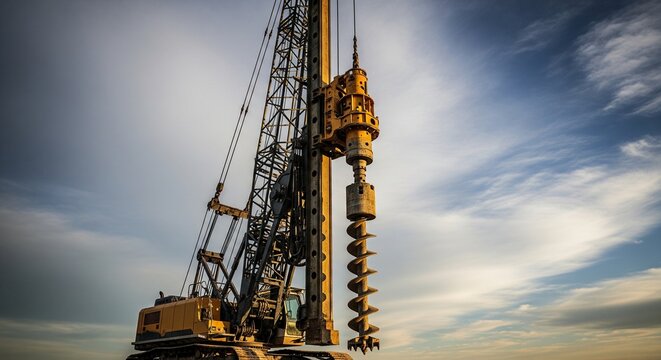 Foundation drilling rig with a large auger at a construction site.